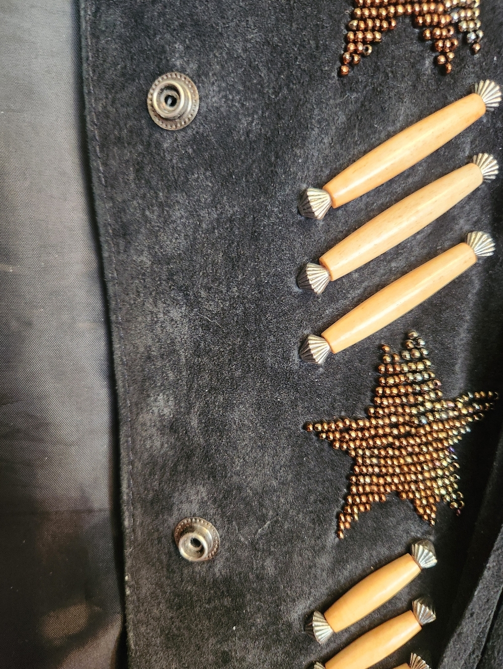 VINTAGE CRIPPLE CREEK BLACK SUEDE LEATHER WESTERN FRINGE BONE BEAD JACKET MEDIUM - Picture 7 of 14